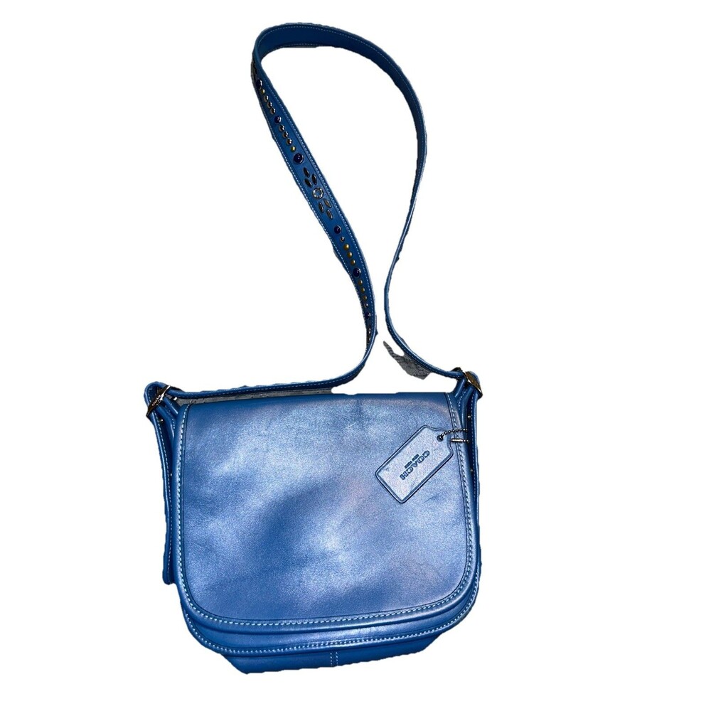 COACH Patricia Saddle Bag #F59380 Studded Strap Lapis Blue Natural Leather Purse